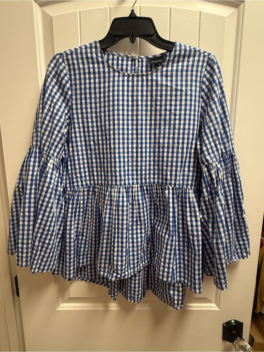 Who What Wear Blue White Gingham Peplum Bell Sleeve Blouse Women’s Small Boho
